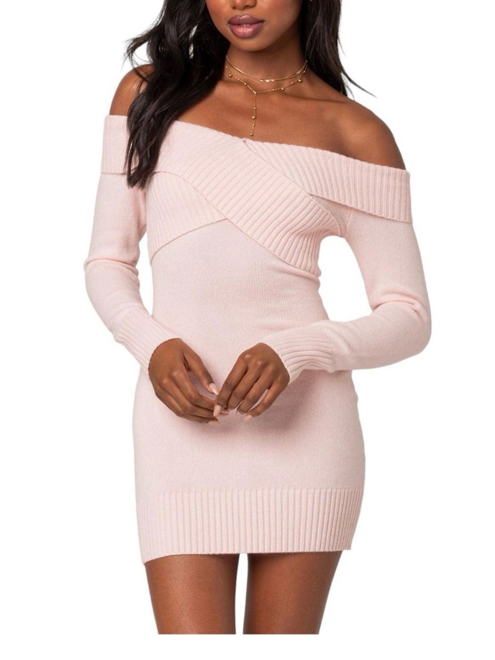 Edikted Blush Pink Off-Shoulder Ribbed Sweater Dress